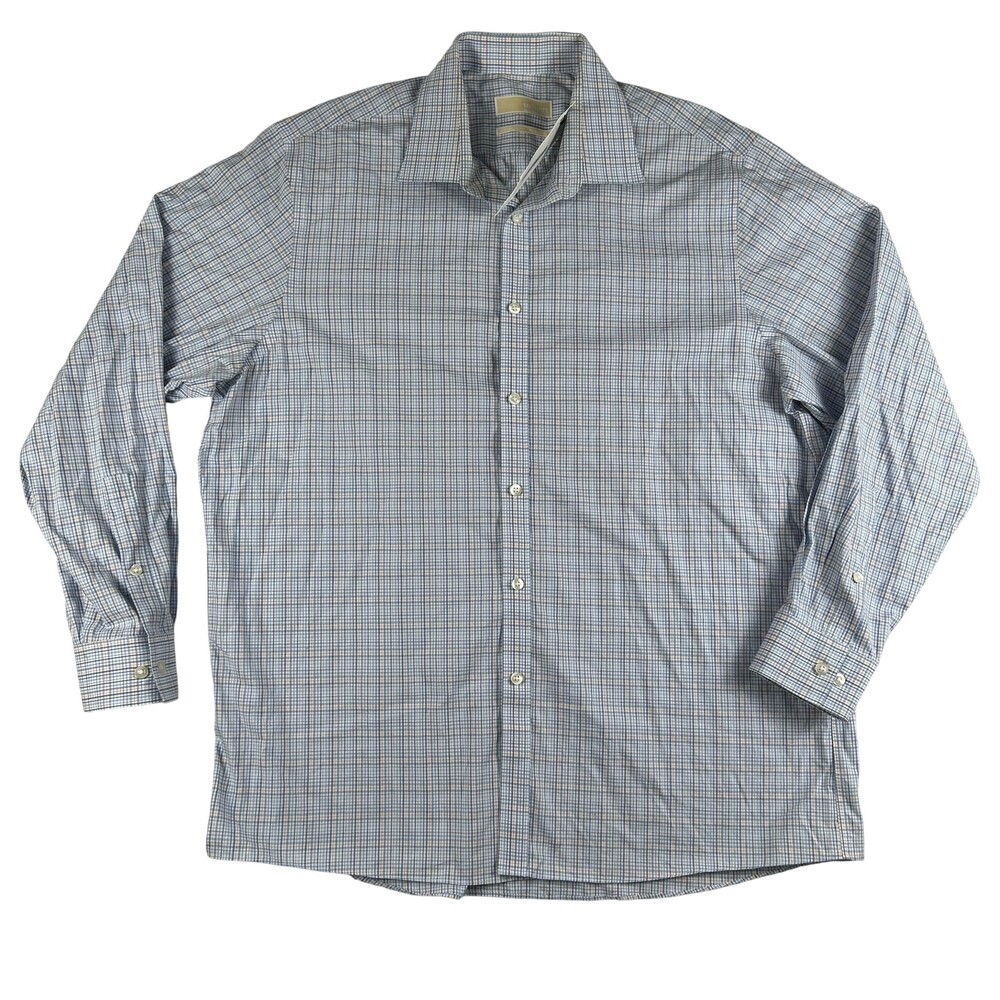 Michael Michael Kors Dress Shirt Mens 17 34/35 Blue Check Regular Fit Non Iron